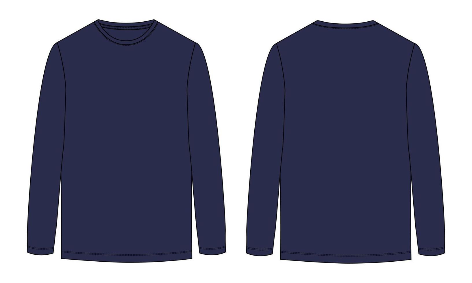 camiseta de manga larga moda técnica boceto plano ilustración vectorial plantilla de color azul marino vistas frontal y posterior. diseño de indumentaria maqueta cad edición fácil y personalizable vector