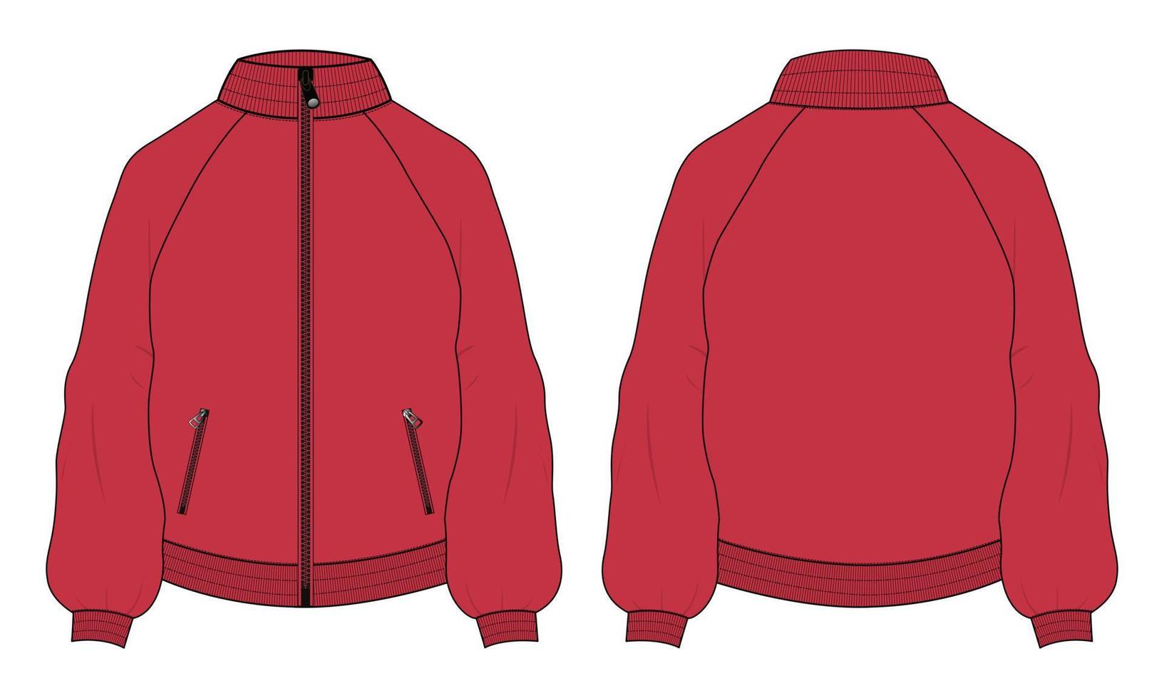 manga larga con cremallera y sudadera de chaqueta de bolsillo plantilla de ilustración de vector de boceto plano de moda técnica. ropa suéter chaqueta plano dibujo vector rojo color maqueta cad.