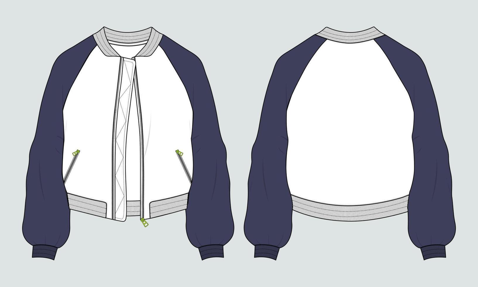 Two tone Color Long sleeve with zipper and pocket jacket sweatshirt technical fashion flat sketch vector illustration template. Apparel sweater Jacket  Flat drawing vector mock up CAD.