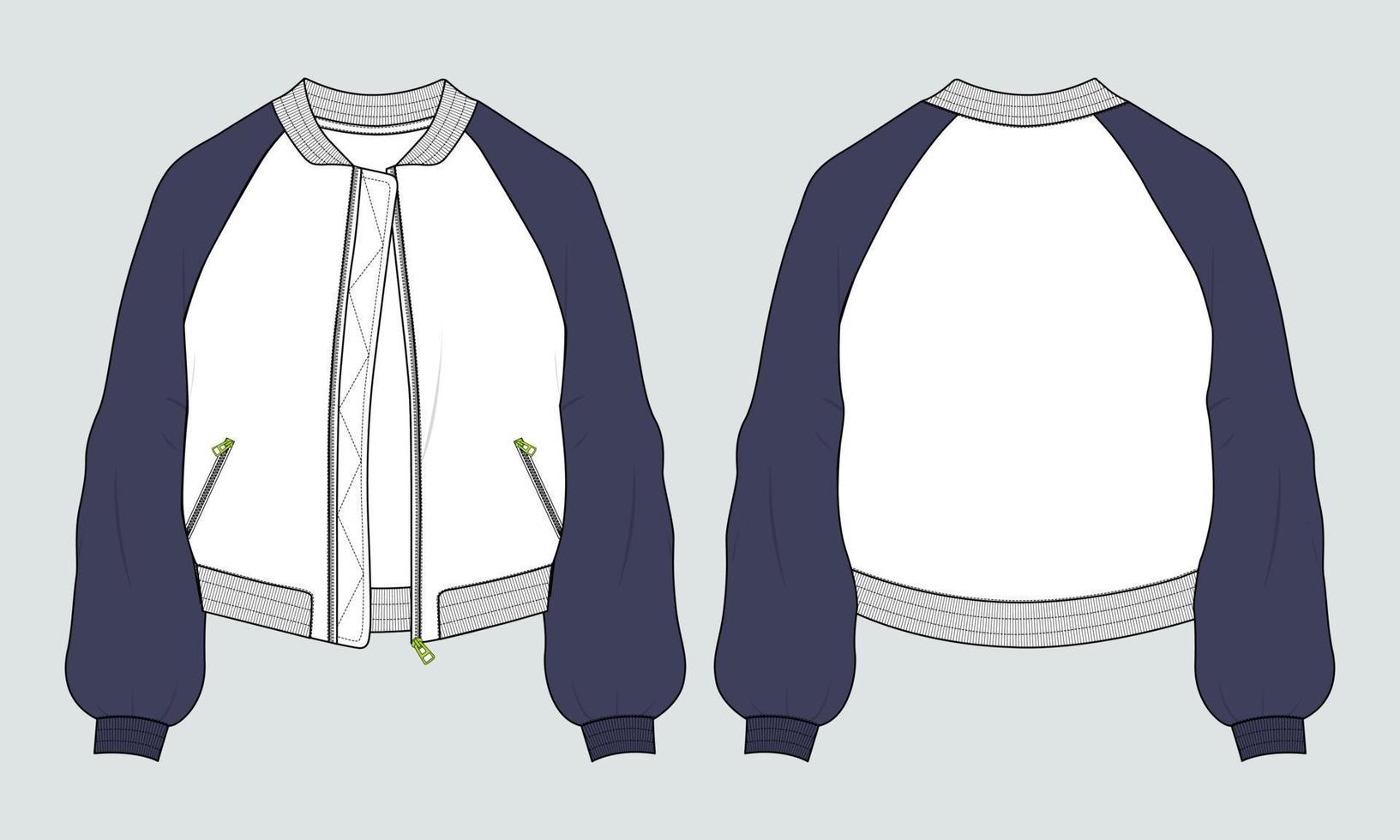 manga larga de dos tonos con cremallera y sudadera de chaqueta de bolsillo plantilla de ilustración de vector de boceto plano de moda técnica. ropa suéter chaqueta plano dibujo vector maqueta cad.