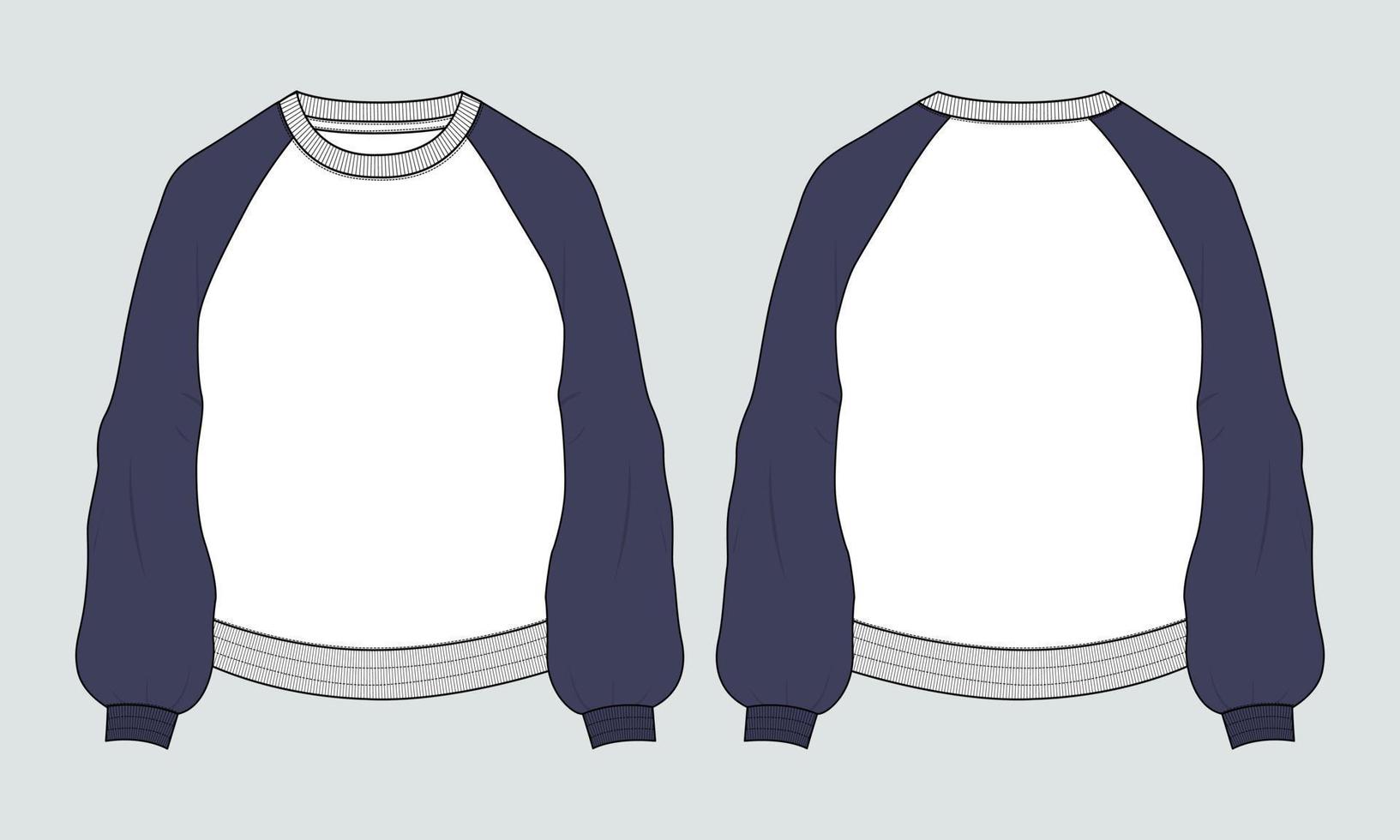 sudadera de manga larga de color de dos tonos vistas frontales y traseras de la plantilla de ilustración vectorial de boceto plano de moda técnica. jersey de lana de algodón diseño de ropa de invierno maqueta cad vector