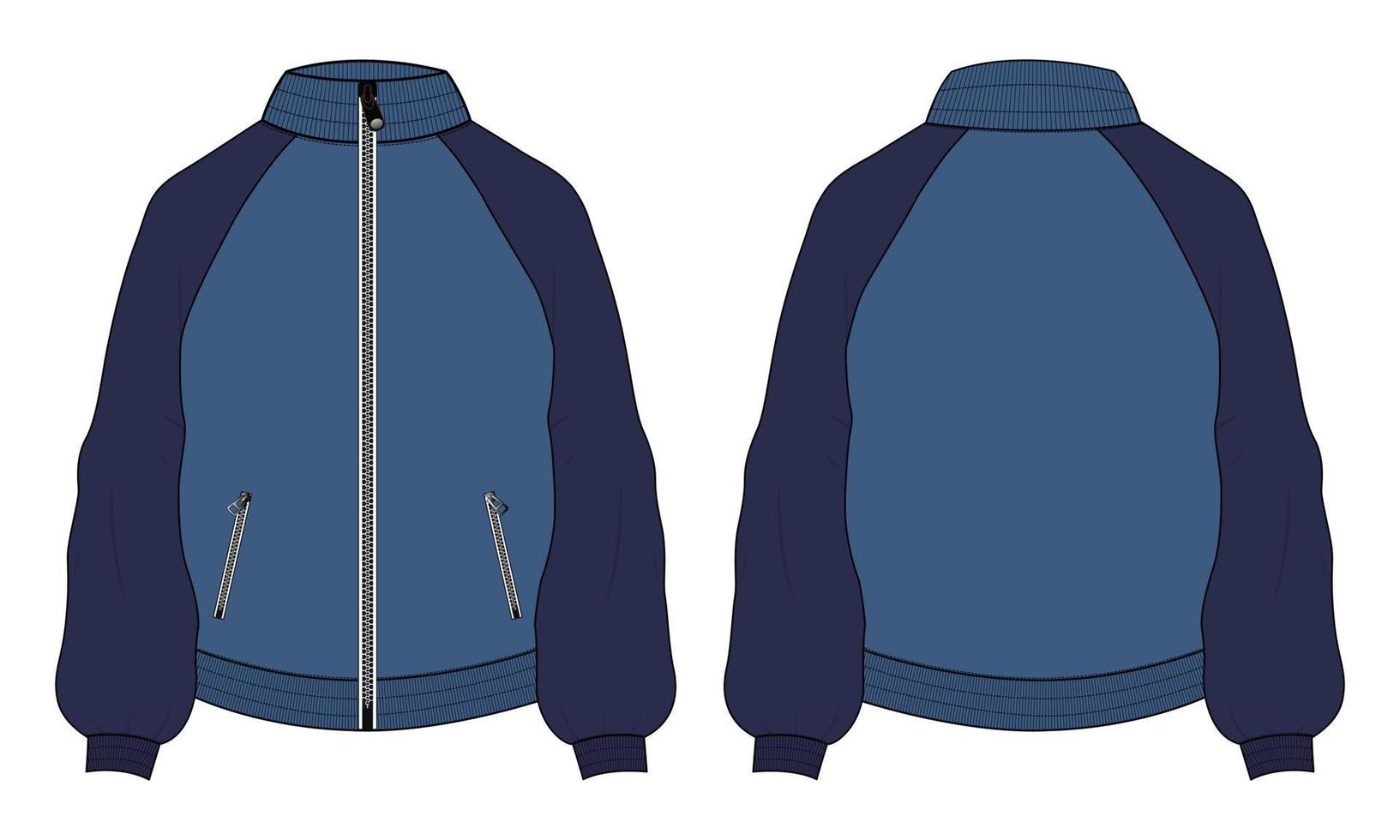 manga larga de dos tonos con cremallera y sudadera de chaqueta de bolsillo plantilla de ilustración de vector de boceto plano de moda técnica. ropa suéter chaqueta plano dibujo vector maqueta cad.