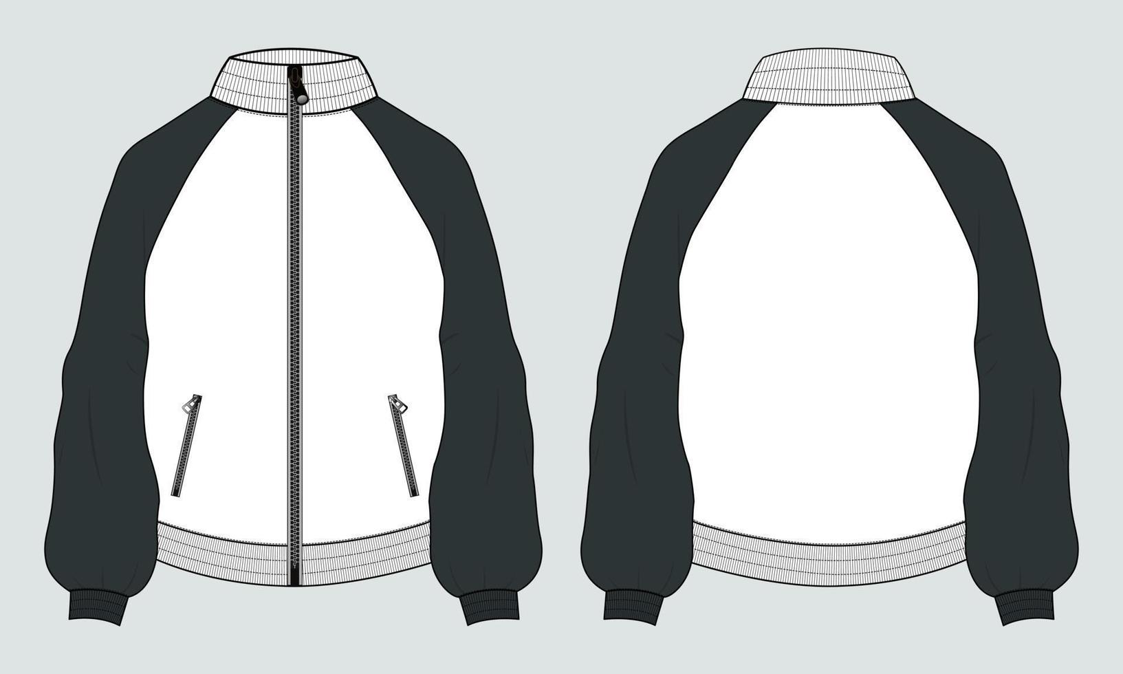 manga larga de dos tonos con cremallera y sudadera de chaqueta de bolsillo plantilla de ilustración de vector de boceto plano de moda técnica. ropa suéter chaqueta plano dibujo vector maqueta cad.