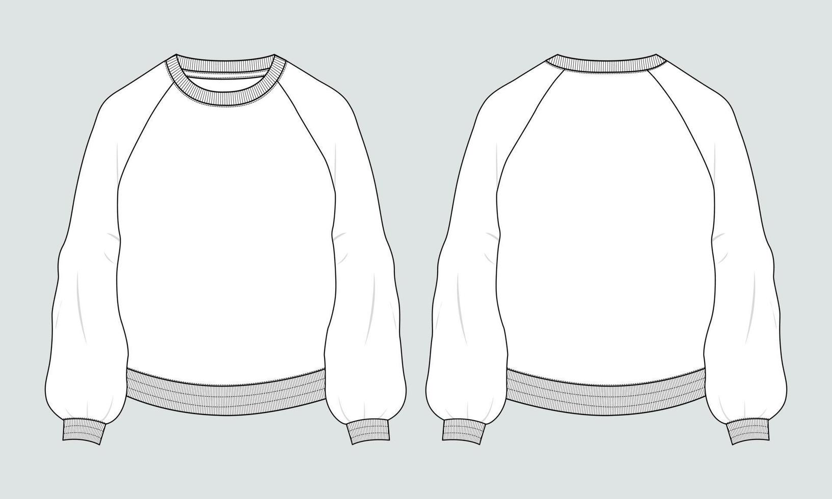 vista frontal y posterior de la plantilla de ilustración vectorial de dibujo plano de moda técnica de sudadera de manga larga. jersey de lana de algodón diseño de ropa de invierno maqueta cad vector