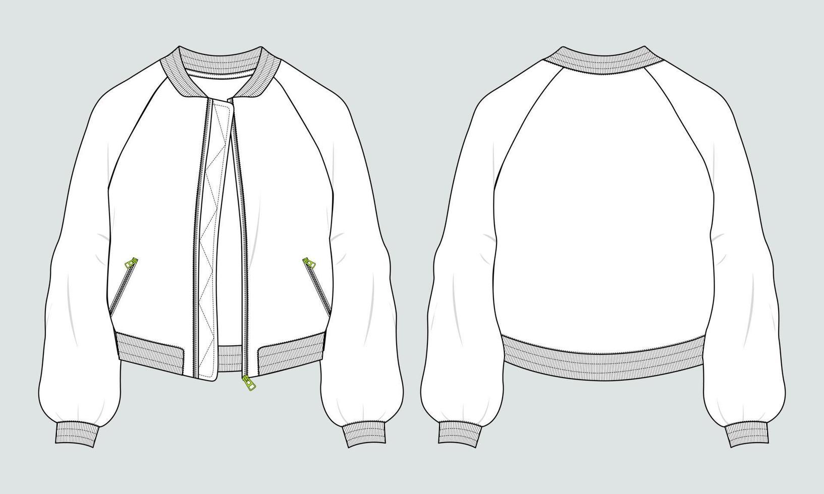 Long sleeve with zipper and pocket jacket sweatshirt overall technical fashion flat sketch vector illustration template front and back view. Apparel sweater Jacket Flat drawing vector mock up CAD. 113...