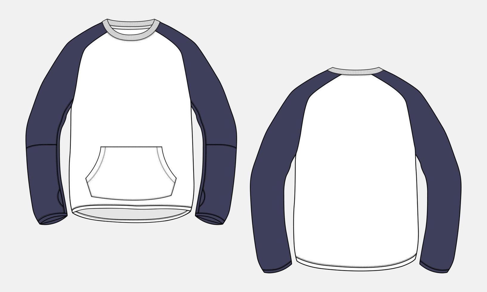 sudadera de manga larga de color de dos tonos vistas frontales y traseras de la plantilla de ilustración vectorial de boceto plano de moda técnica. jersey de lana de algodón diseño de ropa de invierno maqueta cad vector