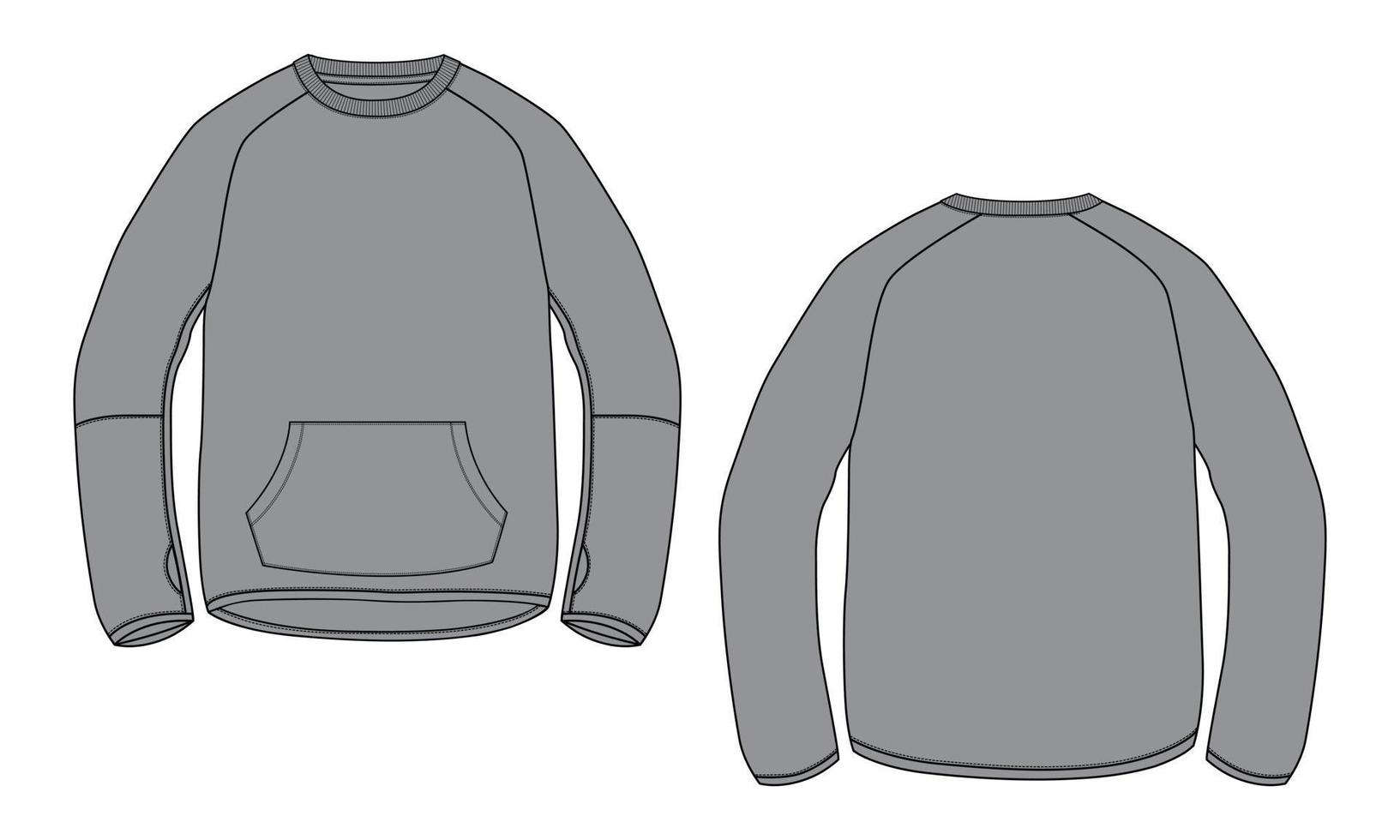 sudadera de manga larga moda técnica boceto plano ilustración vectorial plantilla de color gris vistas frontal y posterior. jersey de lana de algodón diseño de ropa de invierno maqueta cad vector