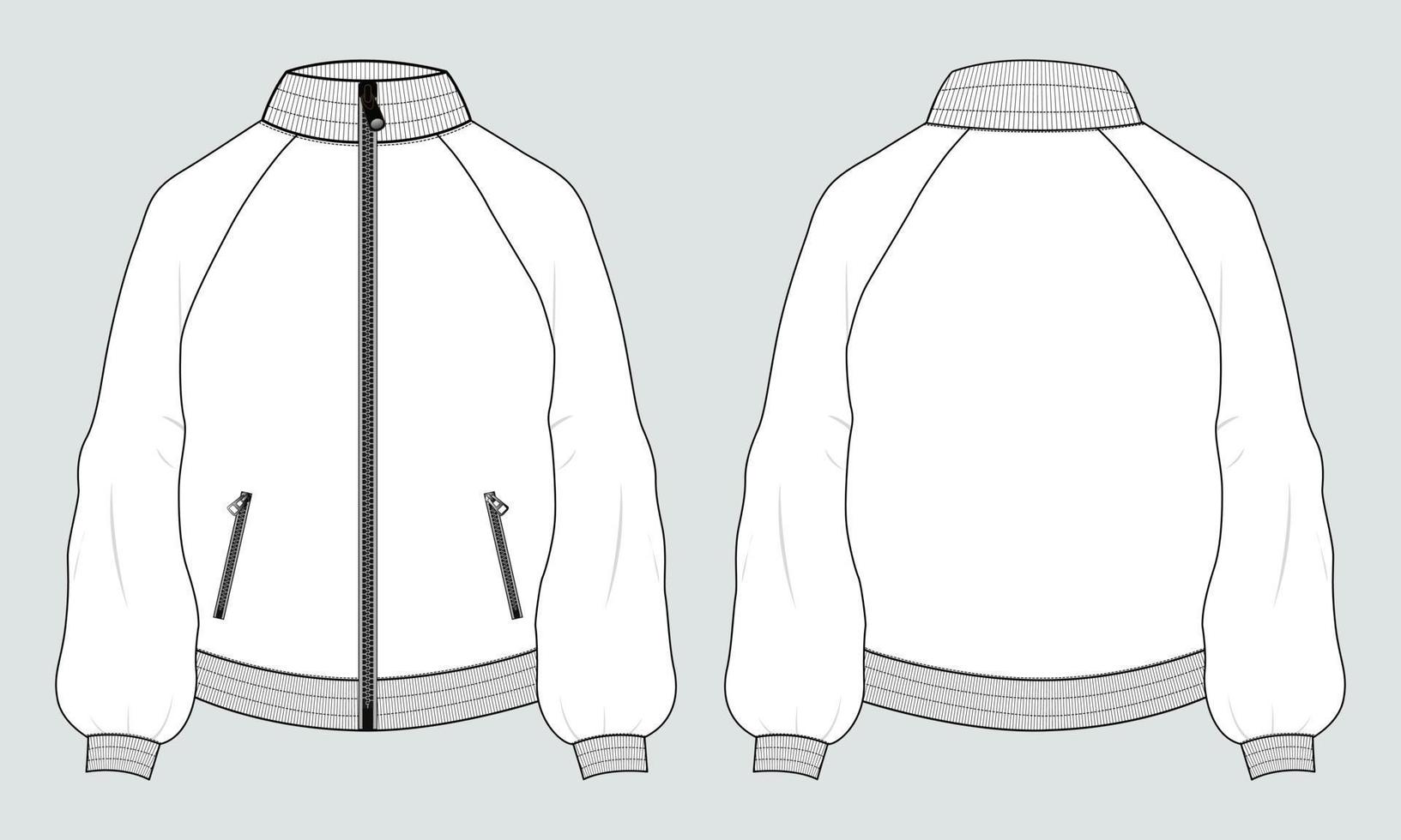 Long sleeve with zipper and pocket jacket sweatshirt overall technical fashion flat sketch vector illustration template front and back view. Apparel sweater Jacket  Flat drawing vector mock up CAD.