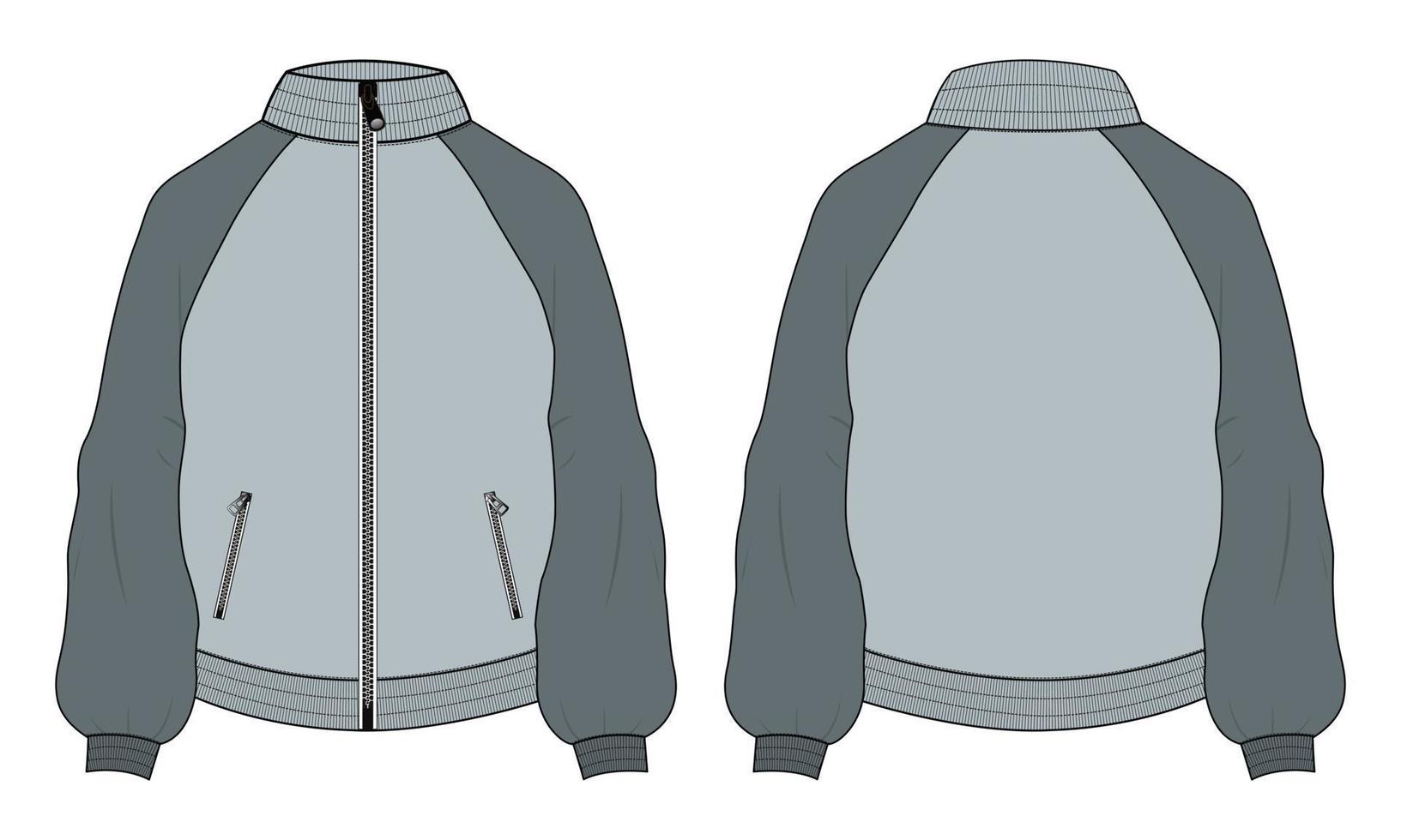 manga larga de dos tonos con cremallera y sudadera de chaqueta de bolsillo plantilla de ilustración de vector de boceto plano de moda técnica. ropa suéter chaqueta plano dibujo vector maqueta cad.