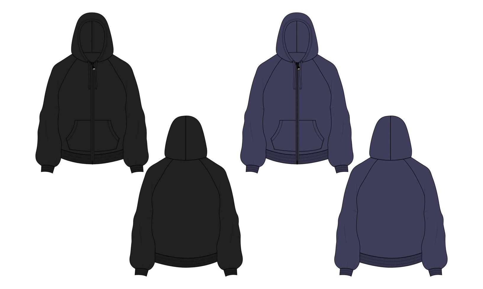 Long sleeve hoodie with Zipper and pocket technical fashion flat sketch Drawing black and  navy color template front and back view. Apparel dress design vector illustration mockup CAD.