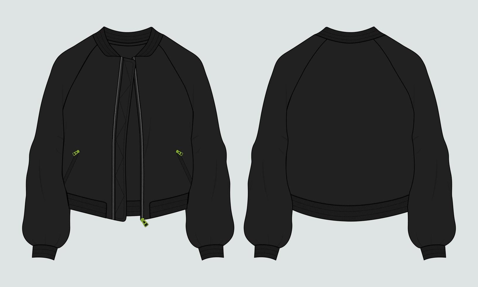 manga larga con cremallera y sudadera de chaqueta de bolsillo plantilla de ilustración de vector de boceto plano de moda técnica. ropa suéter chaqueta plano dibujo vector negro color maqueta cad.