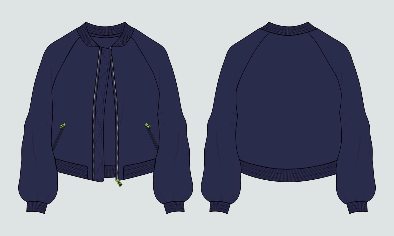 Long sleeve with zipper and pocket jacket sweatshirt technical fashion flat sketch vector illustration template. Apparel sweater Jacket  Flat drawing vector Navy color mock up CAD.