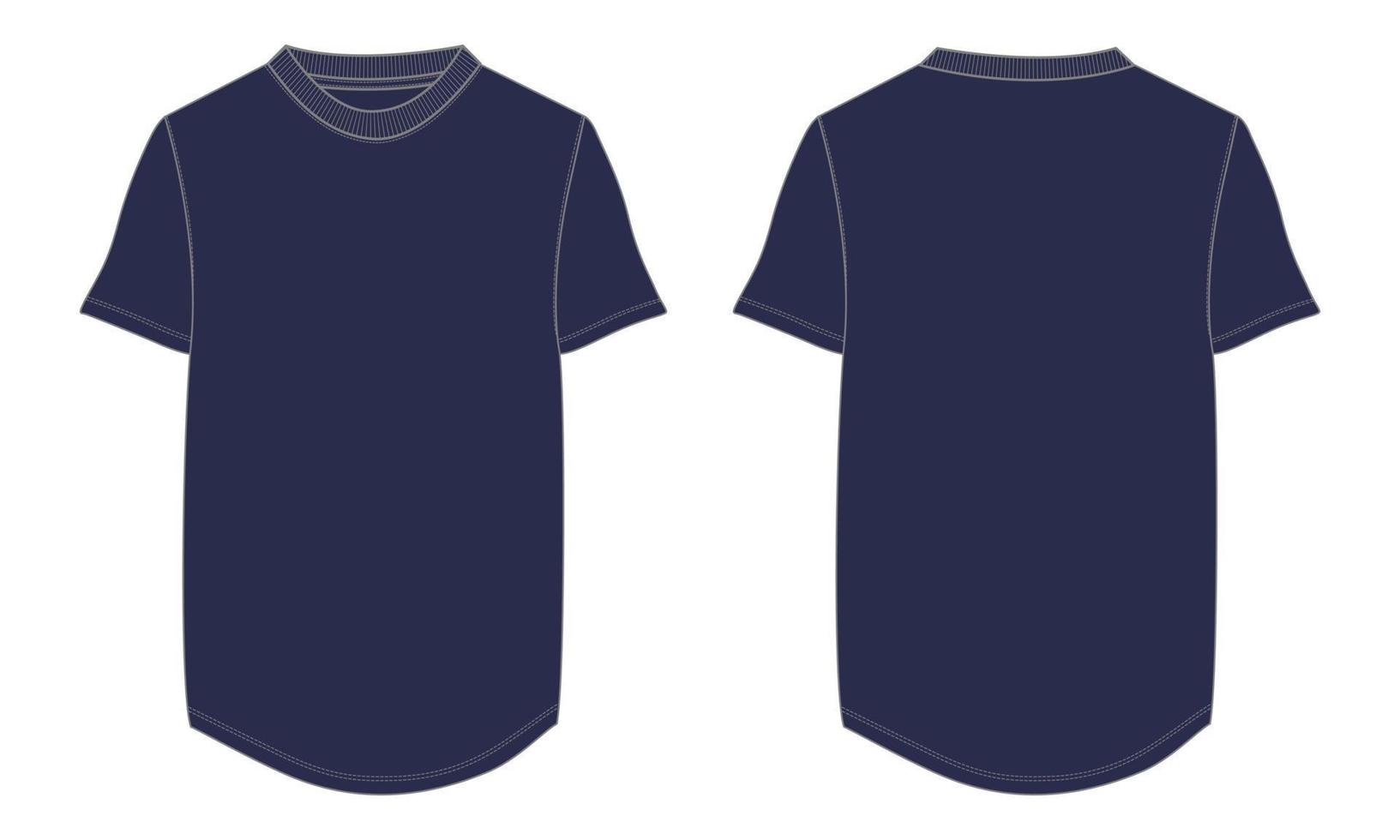 camiseta de manga corta moda técnica boceto plano ilustración vectorial plantilla de color azul marino vistas frontal y posterior. tarjeta de maqueta de diseño de prendas fácil de editar y personalizable vector