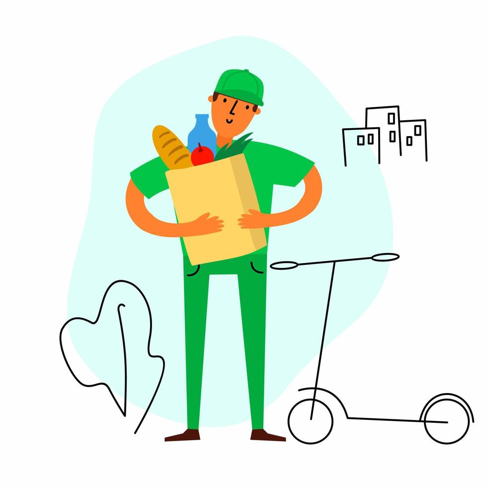 The courier holds a box with a parcel in his hands vector