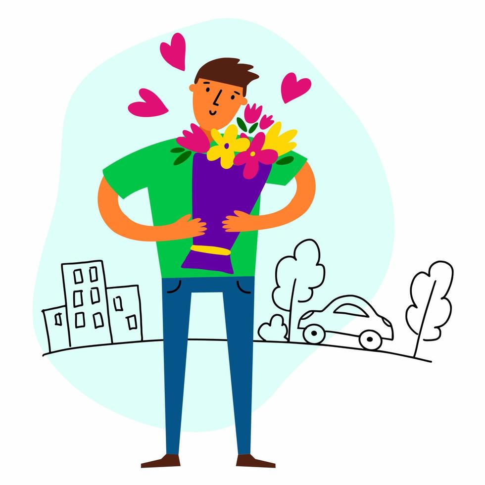 el chico tiene un ramo de flores en sus manos vector