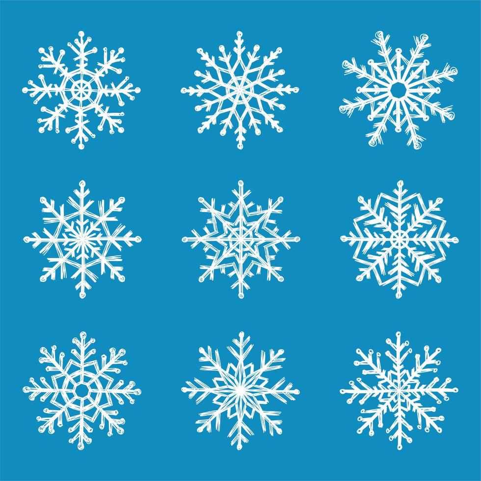 colección vectorial de copos de nieve, dibujada a mano vector