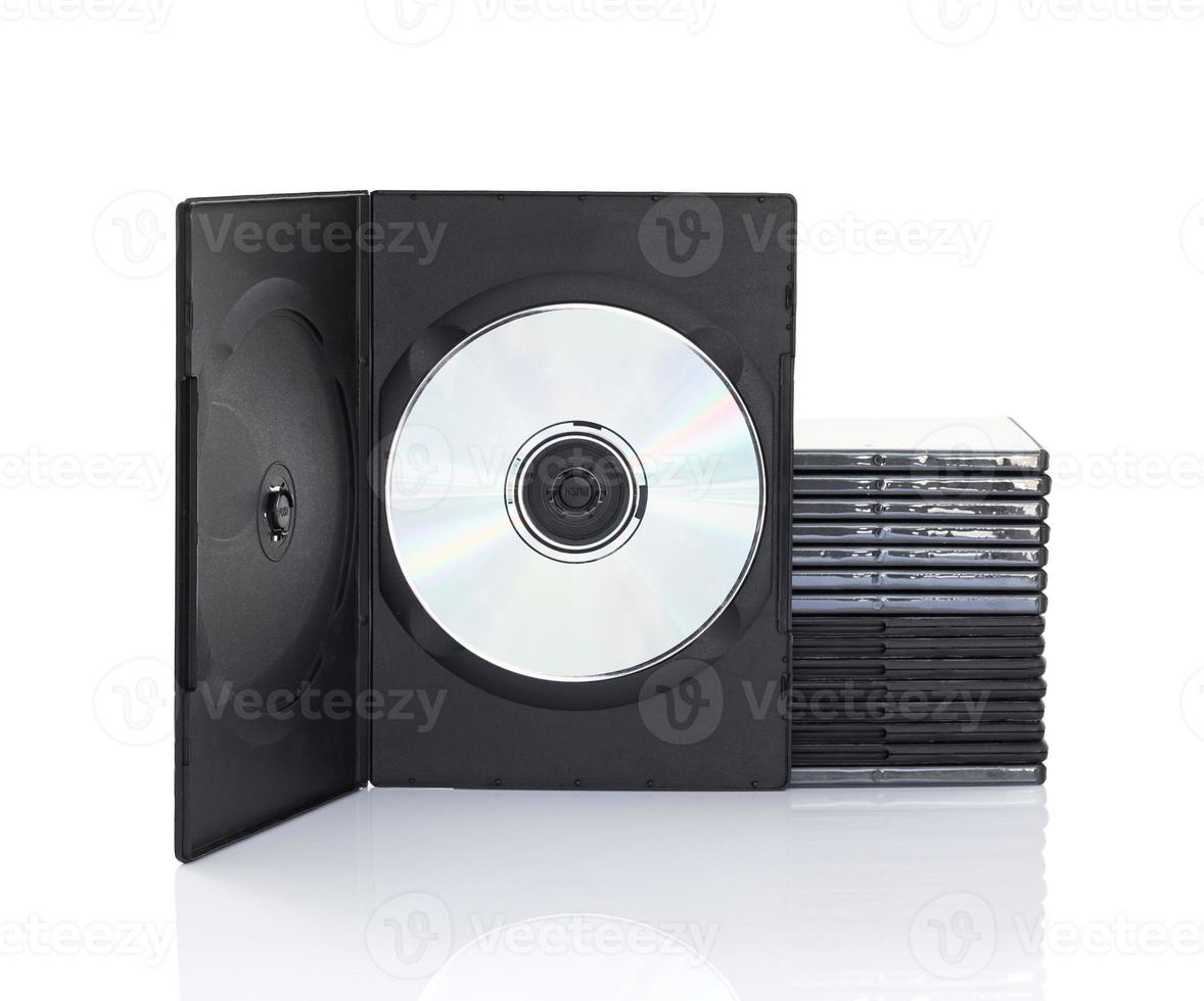 Dvd boxes with disc on white background photo