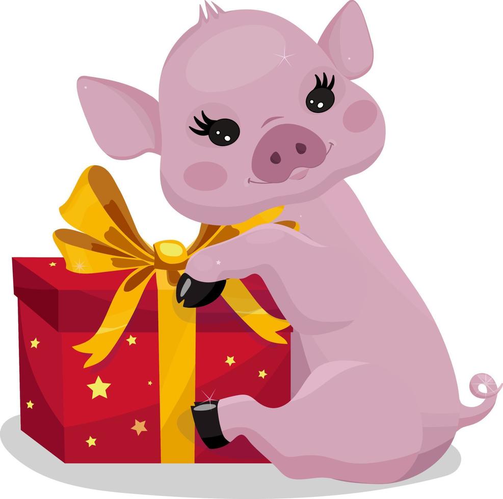 vector illustration, little piglet with a gift, pink piggy with a red box with an yellow bow, symbol of the year, new year, christmas