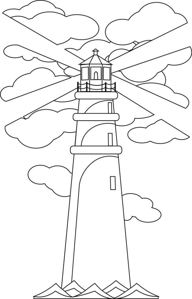 lighthouse shines through the clouds, black and white vector illustration. Coloring book, silhouette of a building among the waves of the sea