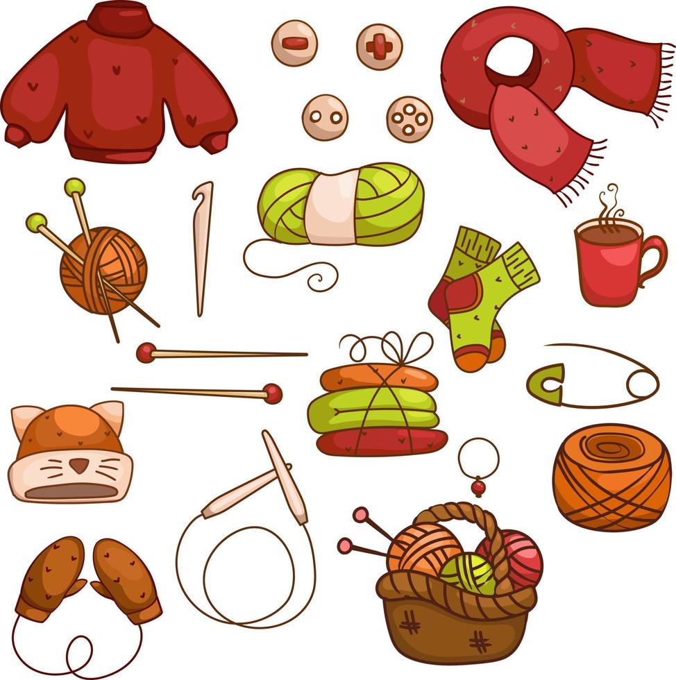 Cozy knitting set of elements. Vector illustration, needlework elements, yarn, knitting needles, knitted things