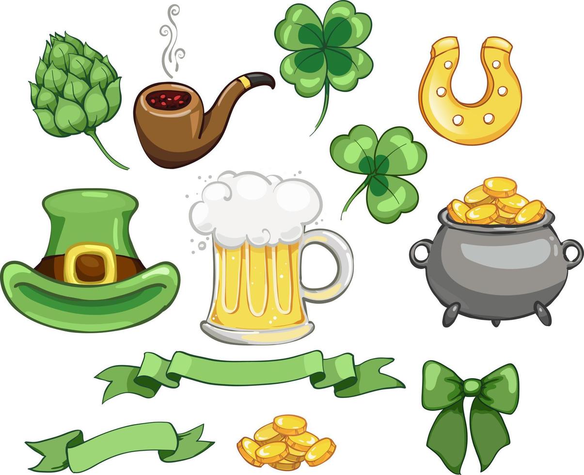 set of elements, shamrock, beer mug, pot of gold, st patrick's day illustration vector