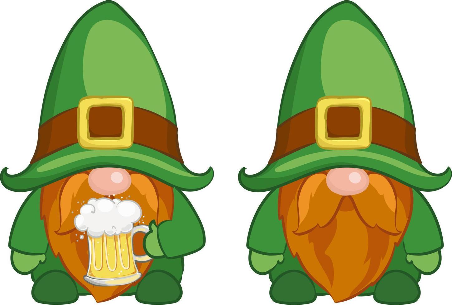 dos gnomos irlandeses, st. gnomos del día de patrick con trébol y cerveza vector