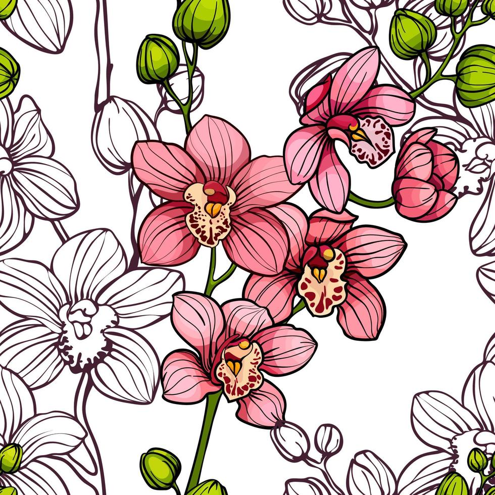 Pink orchids on white background, seamless vector pattern. hand drawn illustration. Exotic tropical flowers