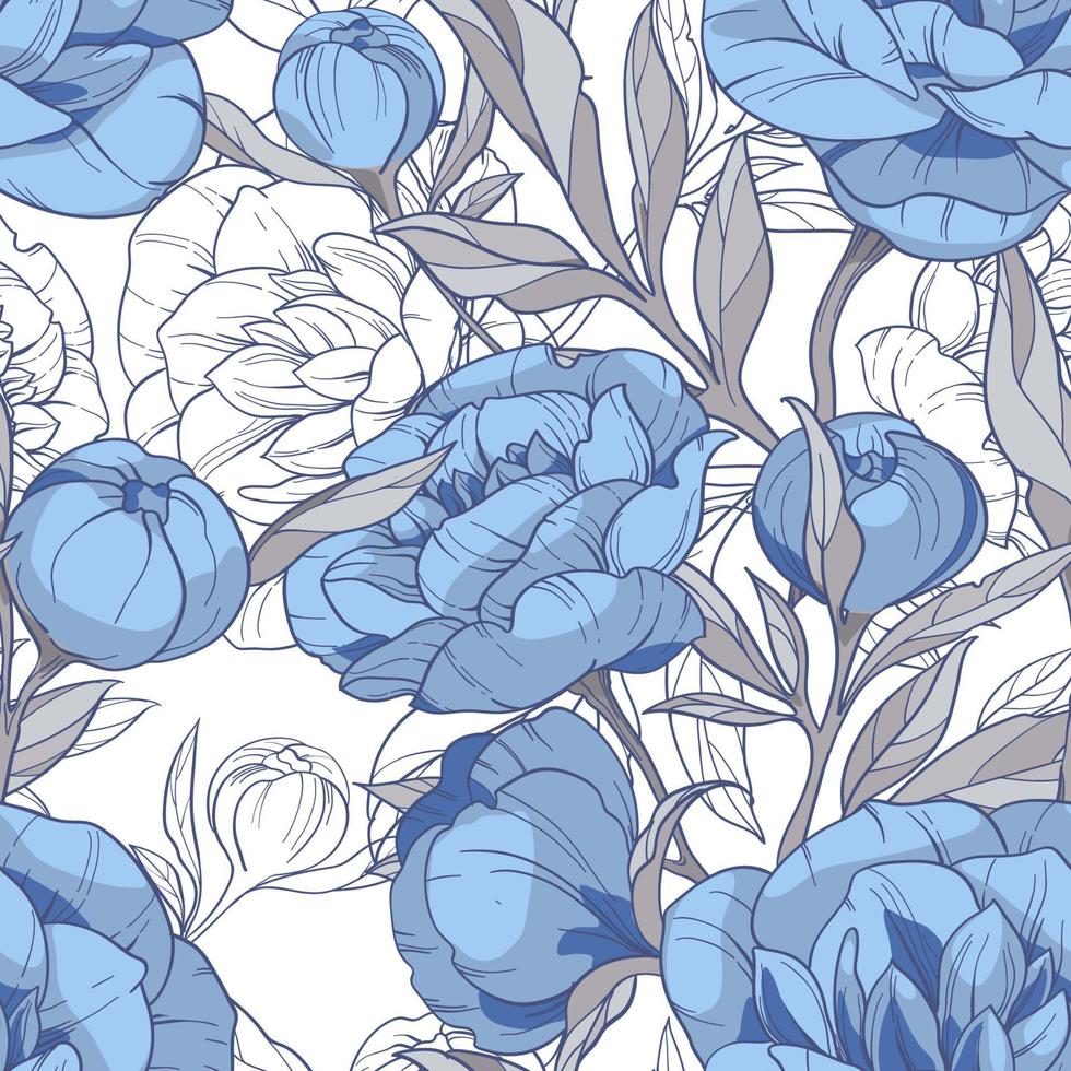 peonías azules y grises, patrón de vector floral transparente. flores sobre un fondo blanco.