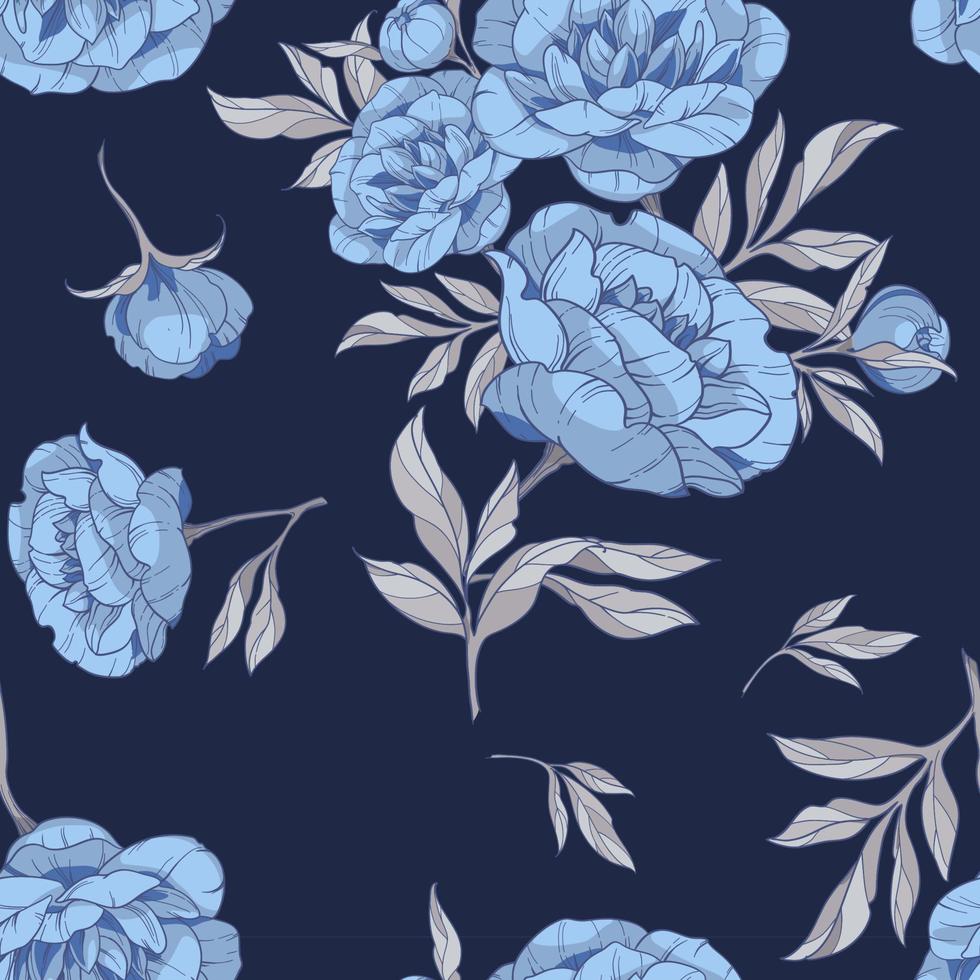 seamless pattern with flowers of blue peonies, with gray leaves on a dark blue background. vector illustration