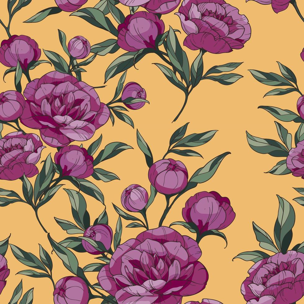 seamless floral vector pattern with peonies. Maroon flowers and buds with green leaves on a yellow mustard background
