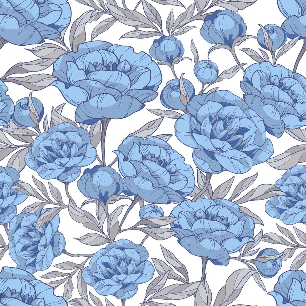 seamless pattern with blue peonies flowers with gray leaves, vector illustration