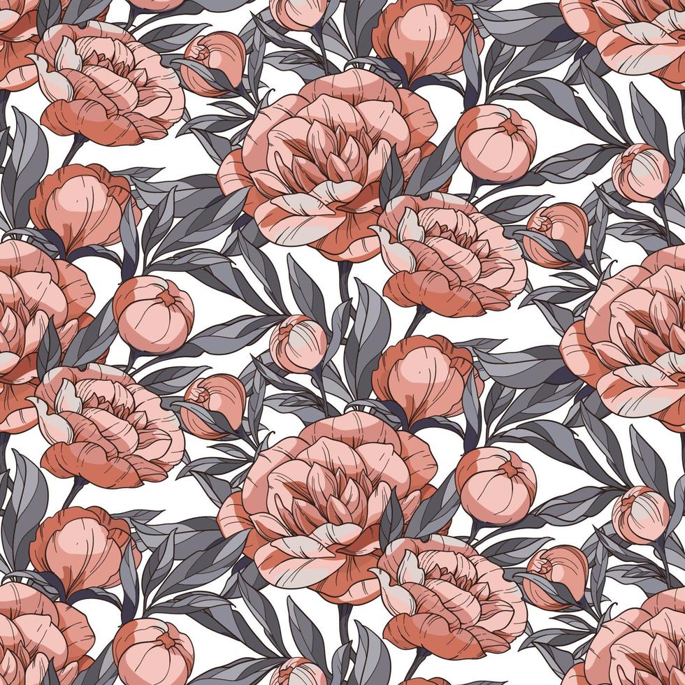 seamless floral vector pattern with peonies. Orange flowers and buds with grey leaves on a white background.