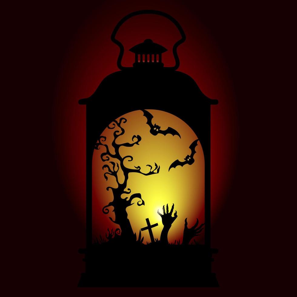 ilustración en linterna de halloween. silueta de lámpara con árbol aterrador,escena de halloween vector