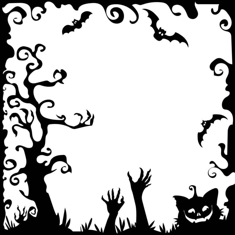 ilustración en halloween. silueta con árbol aterrador, murciélagos y calabaza, escena de Halloween vector