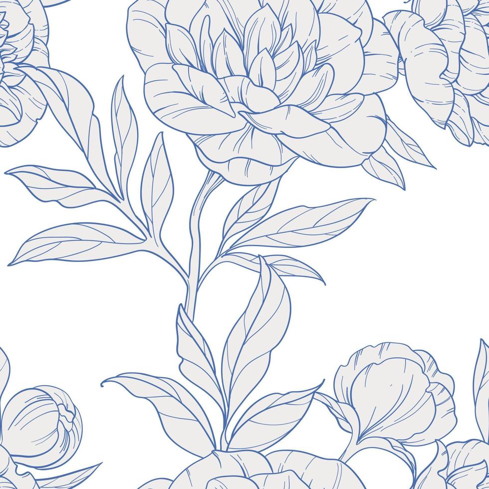 Gray peonies silhouette, seamless vector pattern