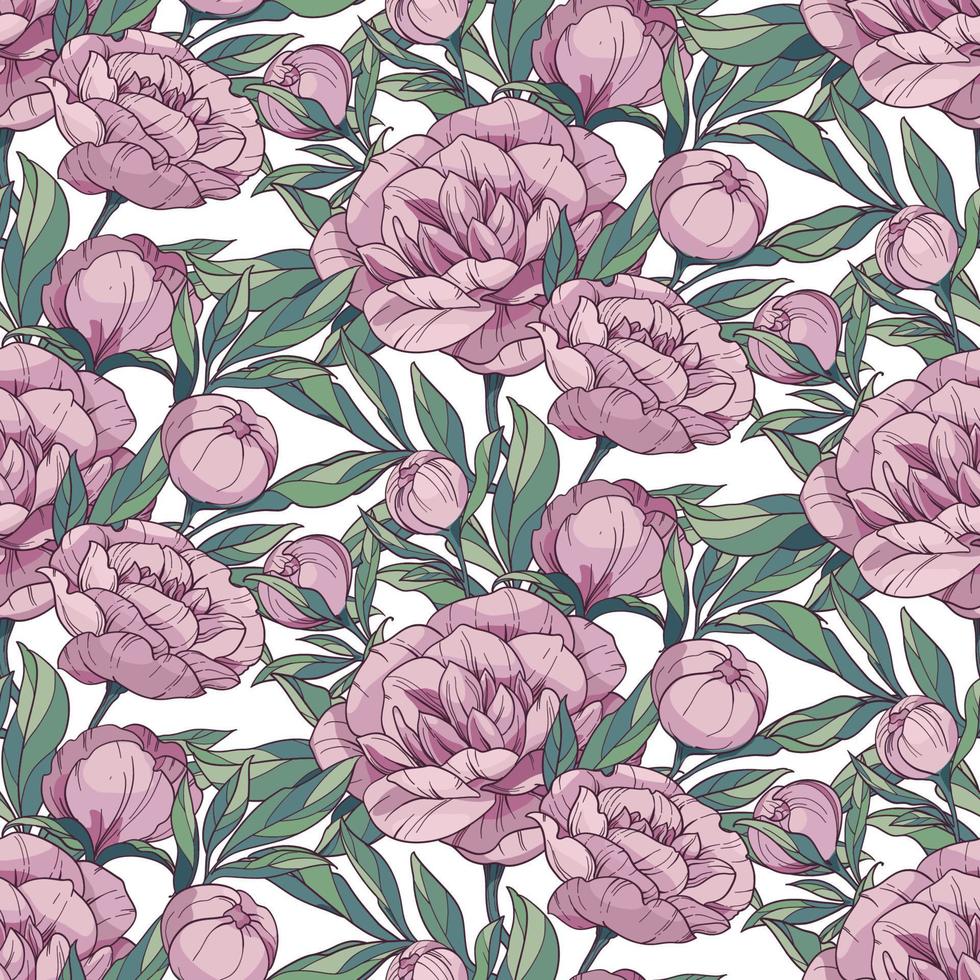seamless floral vector pattern with pink peonies. Outline flowers and buds with green leaves on a white background.
