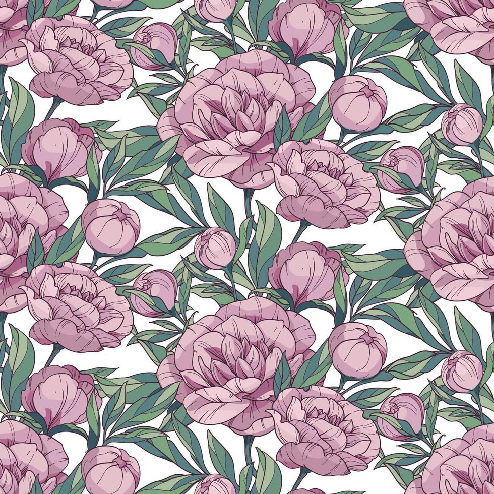 seamless floral vector pattern with pink peonies. Outline flowers and buds with green leaves on a white background.