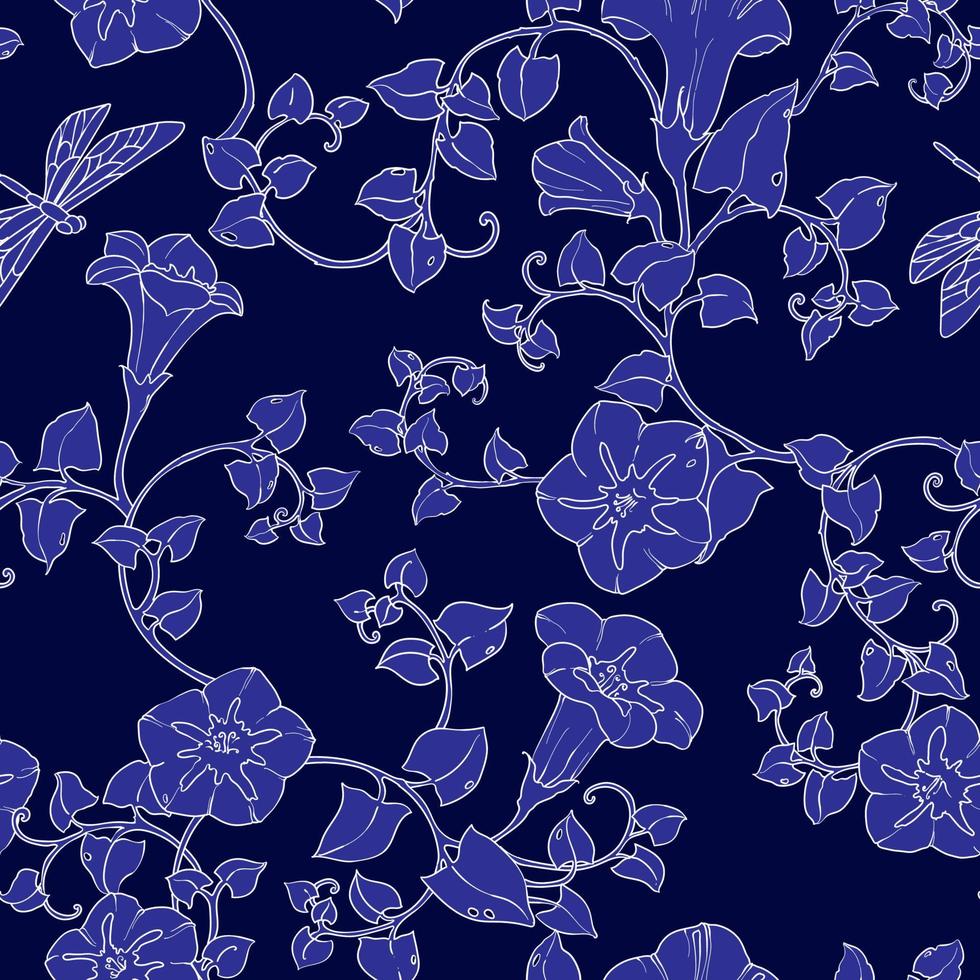 Seamless pattern curly bindweed flowers. Floral vector color illustration. Hand Drawn Floral Background.