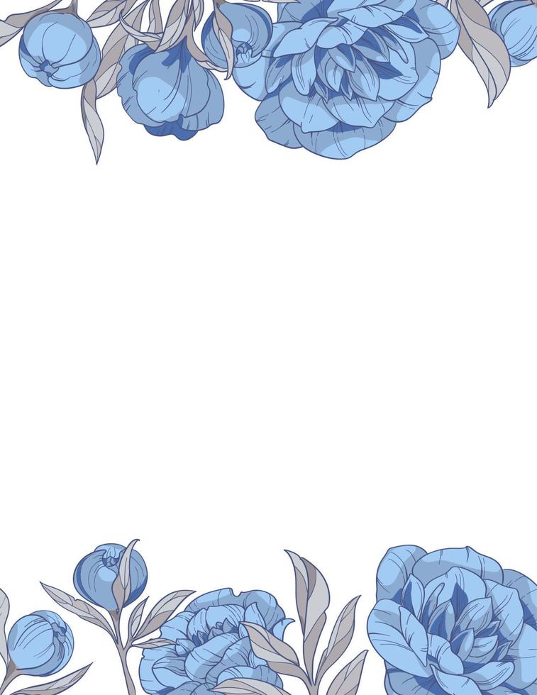 square frame with blue peonies flowers, Hand drawn vector illustration.