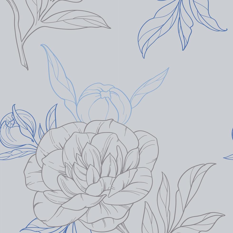 Gray peonies silhouette, seamless vector pattern