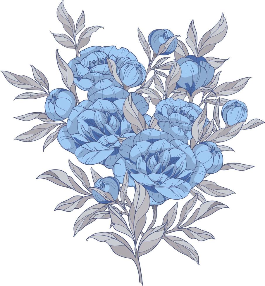 ramo de peonías azules con hojas grises, ilustración vectorial 11388643  Vector en Vecteezy