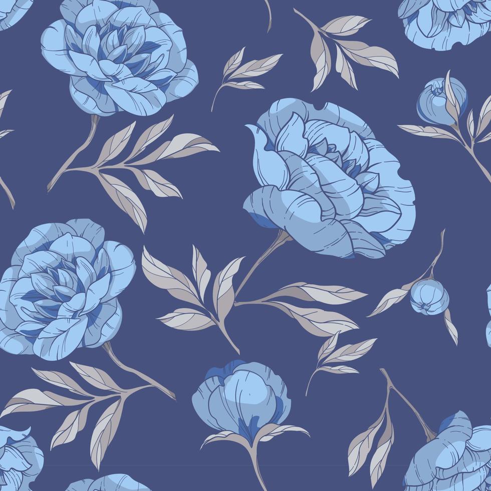 patrón impecable con flores de peonías azules, con hojas grises sobre un fondo azul oscuro. ilustración vectorial vector