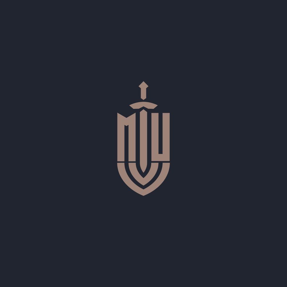 MU logo monogram with sword and shield style design template vector