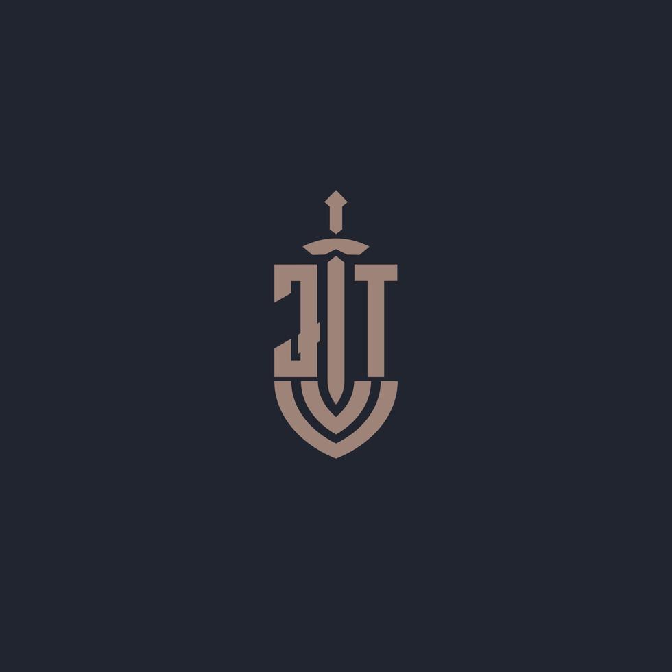 JT logo monogram with sword and shield style design template vector