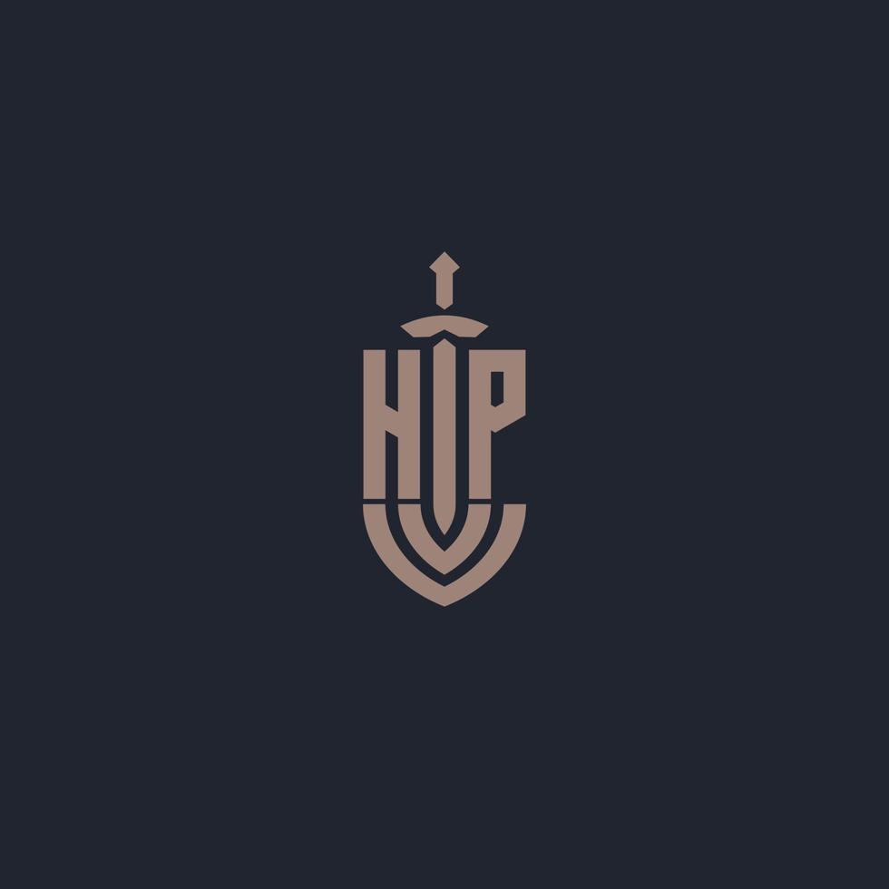 monograma del logotipo hp con plantilla de diseño de estilo espada y escudo vector