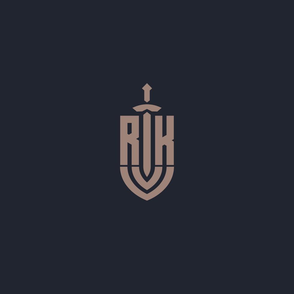 monograma del logotipo rk con plantilla de diseño de estilo espada y escudo vector