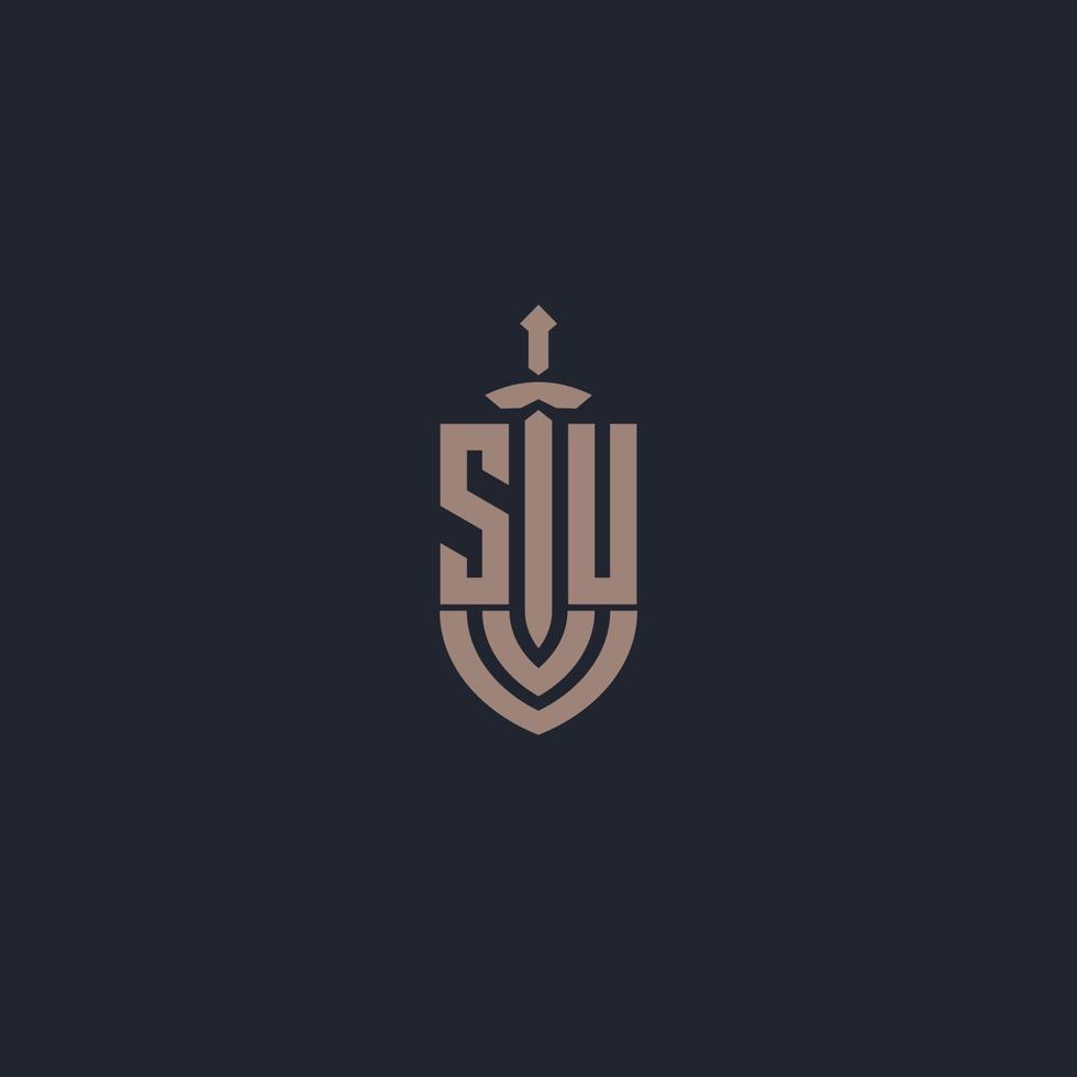 SU logo monogram with sword and shield style design template vector