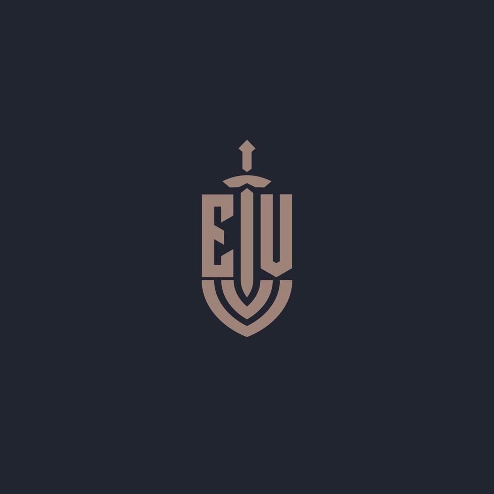 EV logo monogram with sword and shield style design template vector