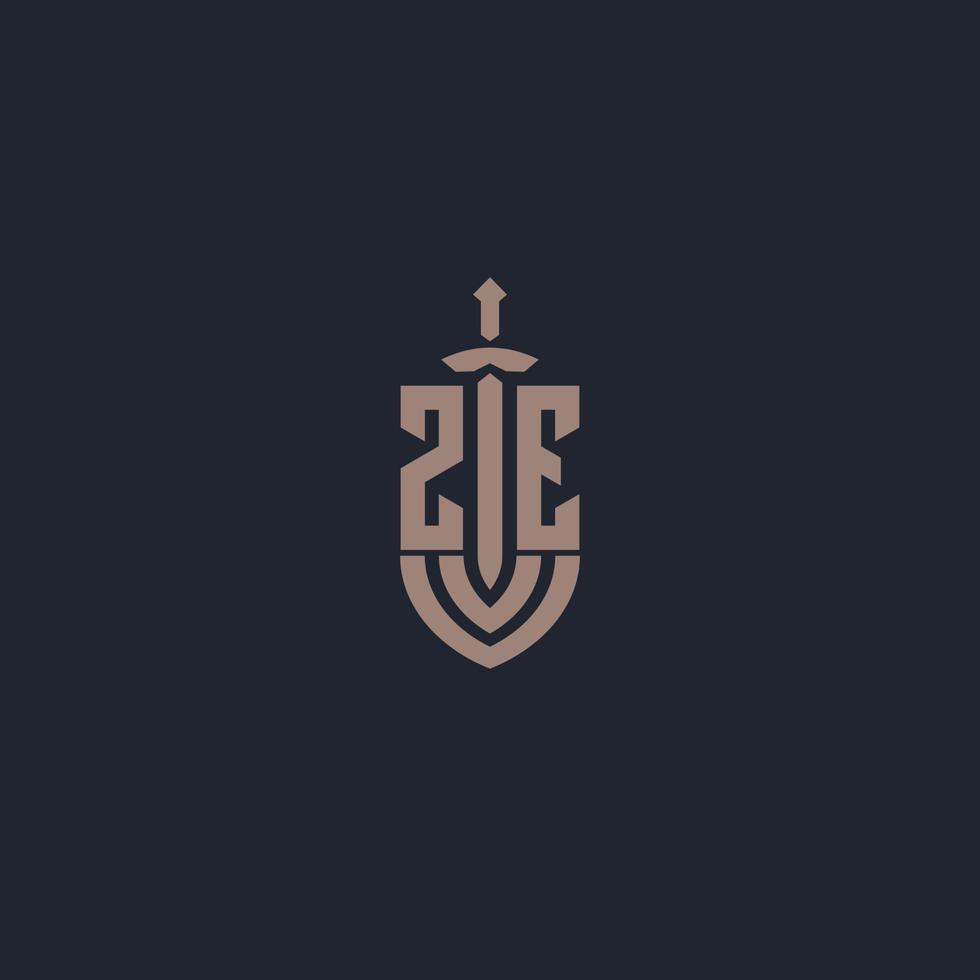 ZE logo monogram with sword and shield style design template vector