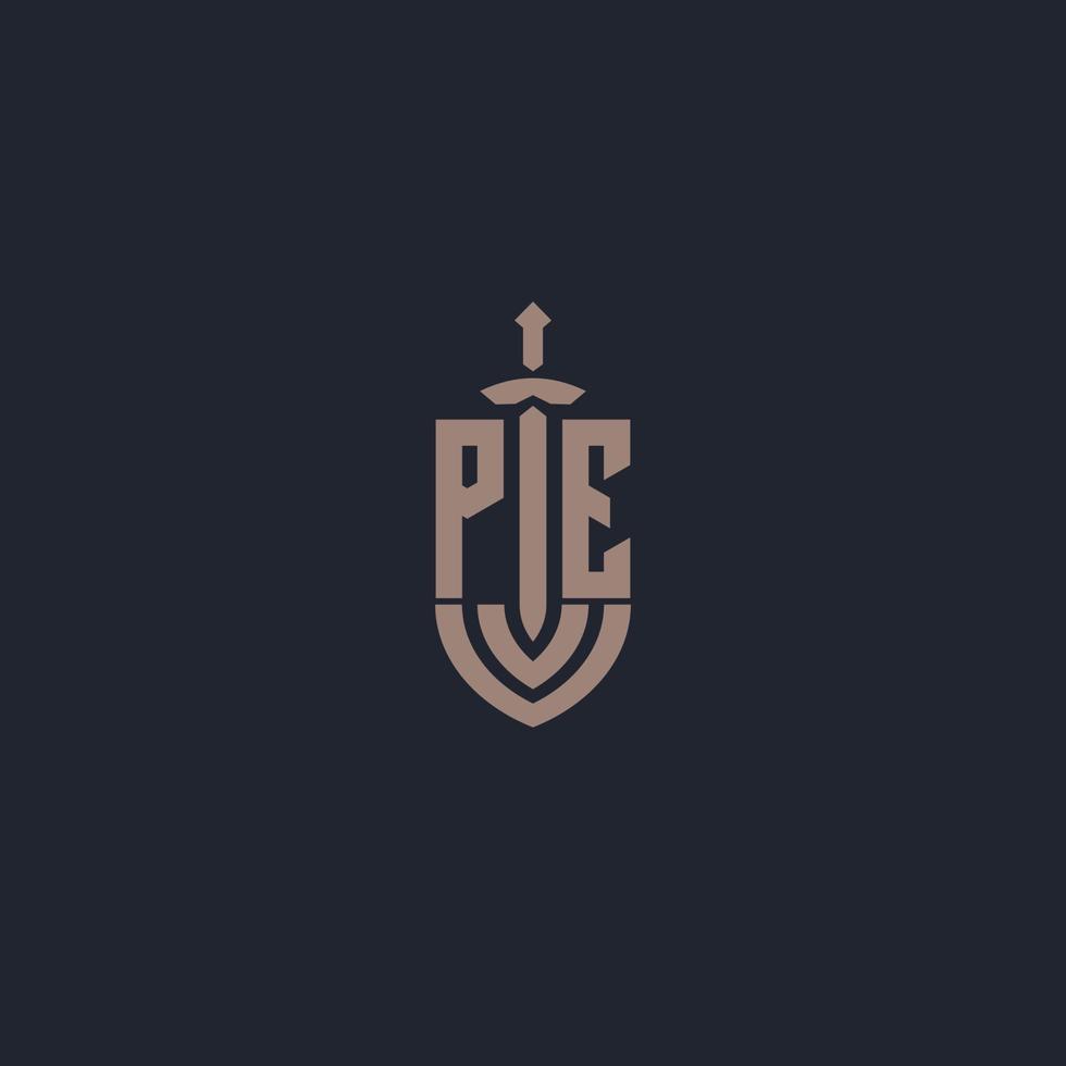 PE logo monogram with sword and shield style design template vector